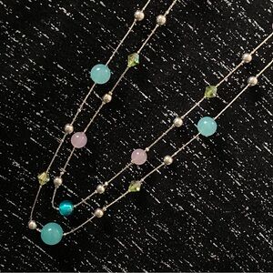 Multi-Strand Pastel Gemstone Bead Necklace Aqua | Pink | Lime | Silver-Tone